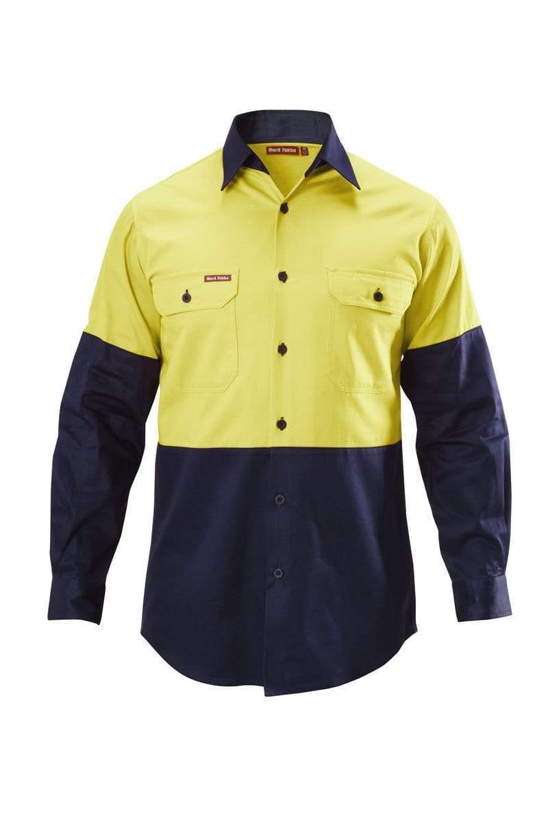 Hard Yakka Hi-visibility Two Tone Cotton Drill Shirt Long Sleeve Y07982 Work Wear Hard Yakka Yellow/Navy (YNA) S 